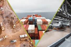 Drei Bilder zusammengeschnitten: Rohstoffabbau, Containerschiff und Autoproduktion