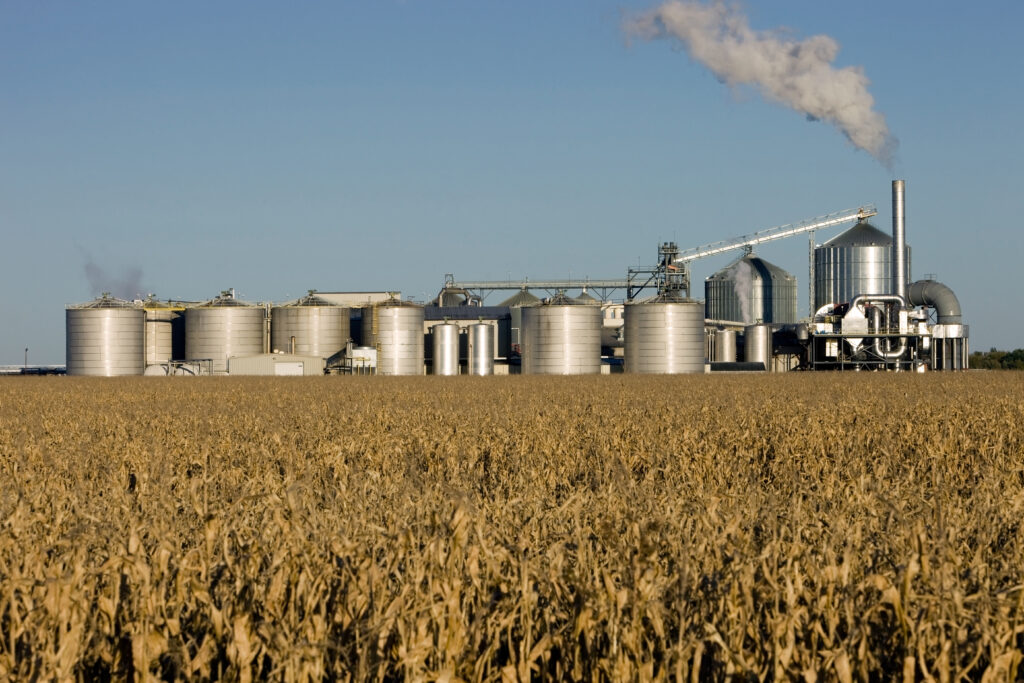 Weizenfeld mit einer Ethanol Raffinerie im Hintergrund