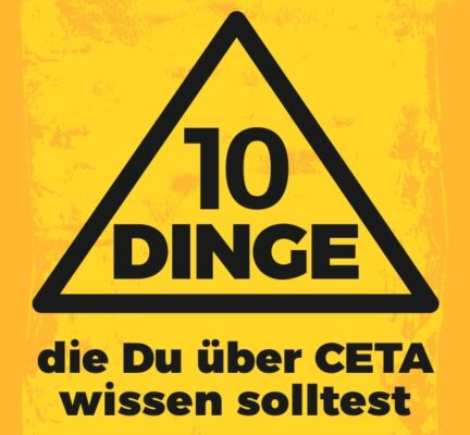 Gelbes Coverbild des Flyers mit der Aufschrift: 10 Dinfe, die du über CETA wissen solltest