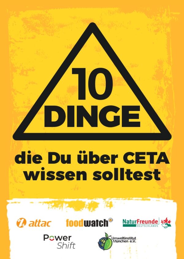 Gelbes Coverbild des Flyers mit der Aufschrift: 10 Dinfe, die du über CETA wissen solltest