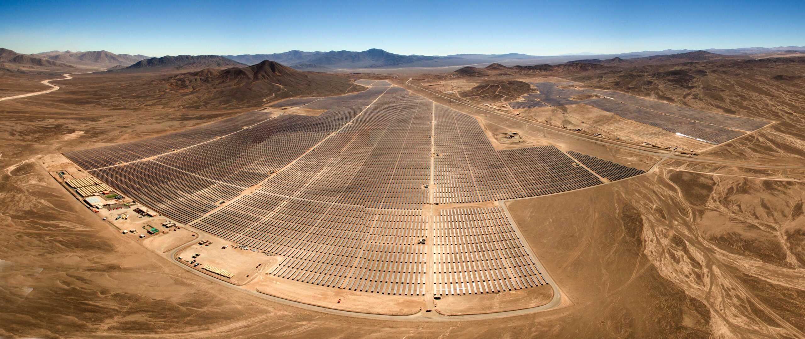 Huge solar park in a desert landscape in view from above