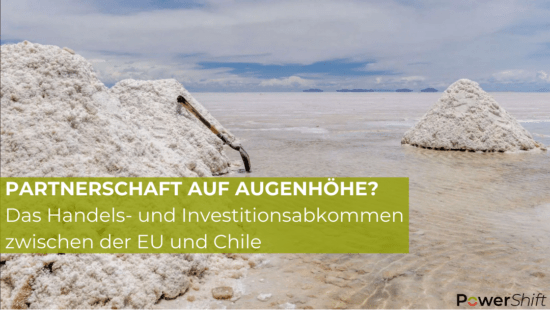 Titel "Partnerschaft auf Augenhöhe? - Das Handels- und Investitionsabkommen zwischen der EU und Chile" vor Hintergrundfoto mit Salzsee