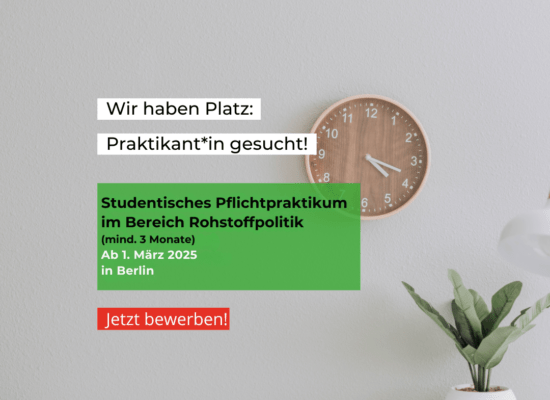 Praktikan*in gesucht! Studentisches Pflichpraktikum im Bereich Rohstoffpolitik (mind. 3 Monate) ab 1. März 2025 in Berlin